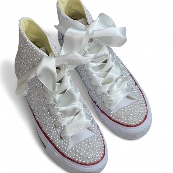 Diamonds & Pearls High Top Converse Sizes 5-14 New With Ribbon Laces - Picture 2 of 12